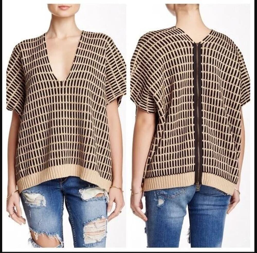 Free People Something Special Poncho Sweater Size Small Tan Navy Boho